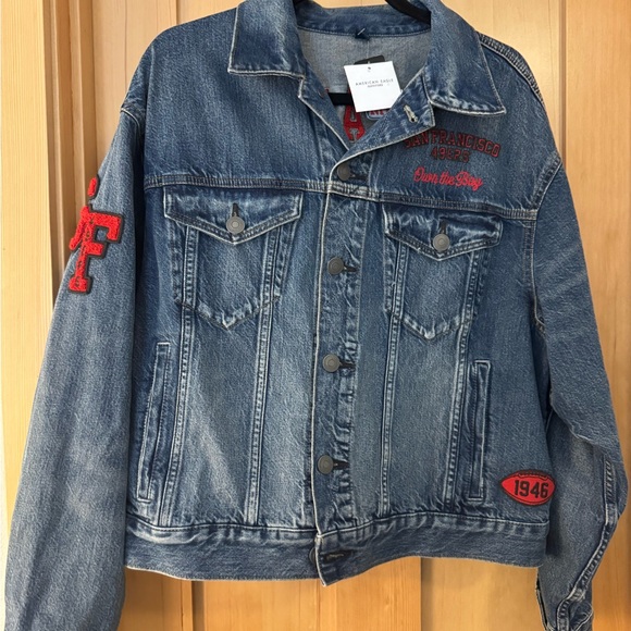 Team Apparel Jackets & Blazers - Team Apparel Blue Denim Jacket with Red Embroidered Patches